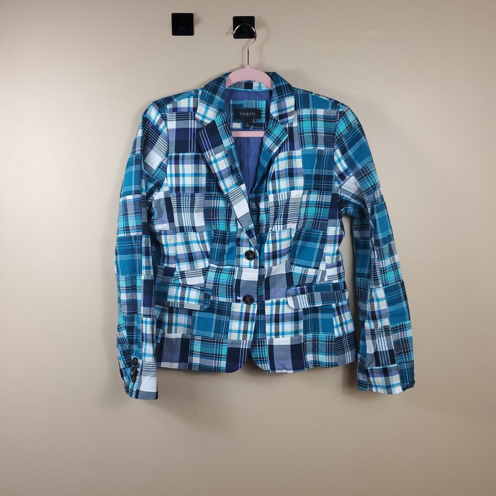 Talbots Blue Plaid Patchwork Button Front Blazer … - image 1